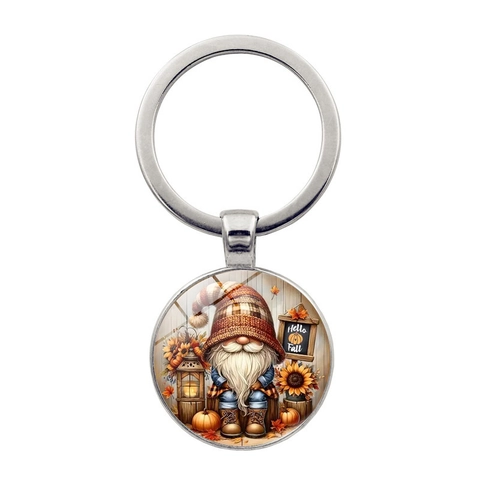 Porte-clés Gemme du Temps Automne Gnome Hello Fall Citrouille Tournesol Alliage de Zinc Verre Cabochon pour Sacs Femme Homme