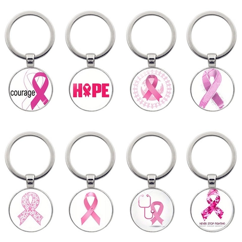 Brustkrebs Bewusstsein Rosa Schleife Schlüsselanhänger Silber Zinklegierung Glas Anhänger Mut Wohltätigkeit Schlüsselring