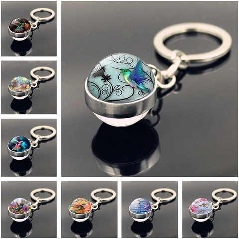 Portachiavi Gemma del Tempo Colibrì Ciondolo a Sfera di Vetro Doppia Faccia Lega di Zinco Portachiavi in Metallo Regalo Creativo