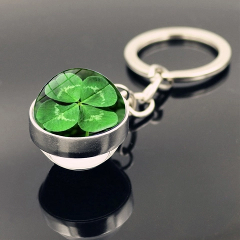 Vintage Glück Vierblättriges Kleeblatt Glaskugel Schlüsselanhänger Doppelseitig Zinklegierung Metall Schlüsselring Damen Schmuck