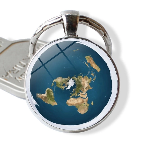 Platte Aarde Wereldkaart Sleutelhanger Zinklegering Glas Tijd Edelsteen Hanger Zilver Rond Sleutelring Voor Rugzak Reizen Cadeau Unisex