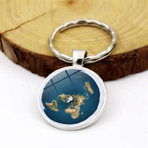 Platte Aarde Wereldkaart Sleutelhanger Zinklegering Glas Tijd Edelsteen Hanger Zilver Rond Sleutelring Voor Rugzak Reizen Cadeau Unisex