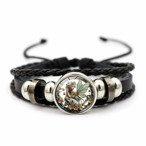 Bracelet Multicouche en Cuir Vintage avec Gemme en Verre Ange Fée Retro Punk Perles Tressées Bijoux Cadeau Pour Femmes Hommes