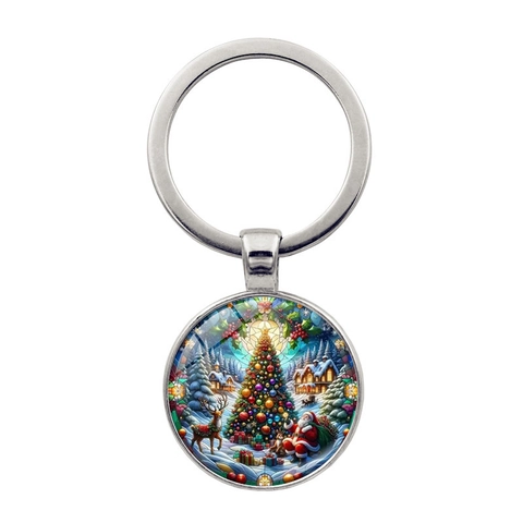 Llavero Redondo de Aleación de Zinc y Vidrio de Navidad Papá Noel Muñeco de Nieve Reno Patrón Festivo Llavero de Metal Regalo Unisex