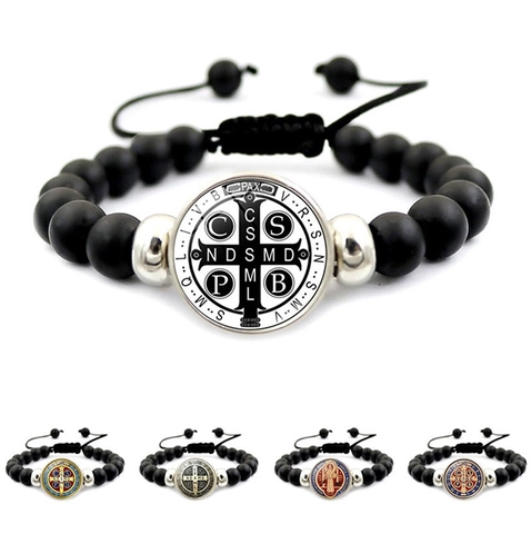 Bracelet en Perles Religieux Médaille de Saint Benoît Alliage de Verre Unisexe Cordon de Serrage Réglable Perles Mattes Bijoux Cadeau Hommes Femmes