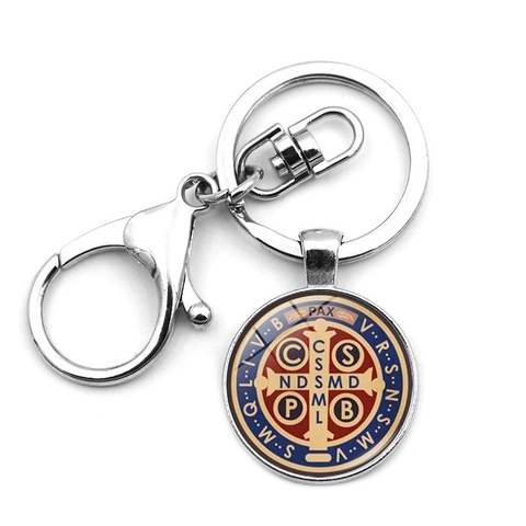 Portachiavi con Medaglia di San Benedetto Religioso in Lega e Vetro con Croce in Metallo per Pendente Cattolico Regalo