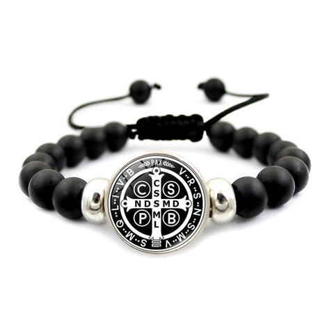 Pulsera Medalla San Benito Hecha a Mano Cuentas Negras Mates Cuerda Trenzada Ajustable Joyería Religiosa Católica Para Regalo de Bendición Unisex