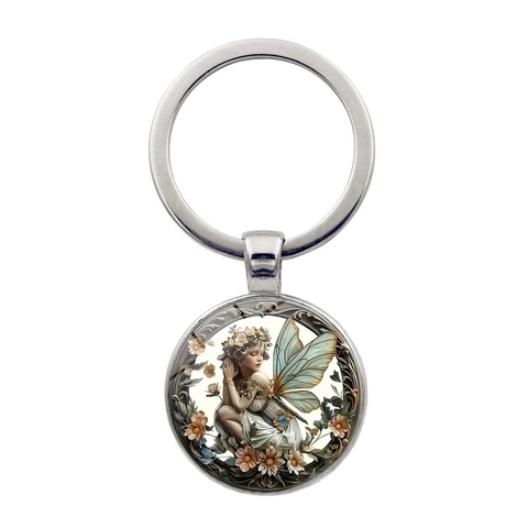 Vintage Engel Fee Zeit Edelstein Schlüsselanhänger Retro Zinklegierung Metall Schlüsselring Rund Glas Cabochon Anhänger Blumen Elfenflügel Schlüsselanhänger Für Damen Mädchen Geschenk