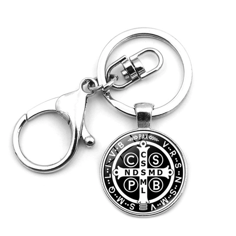Portachiavi con Medaglia di San Benedetto Religioso in Lega e Vetro con Croce in Metallo per Pendente Cattolico Regalo