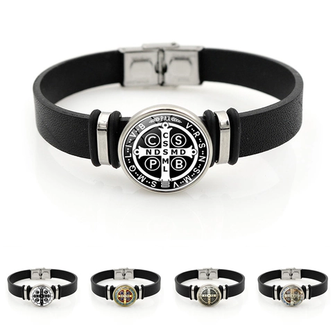 Sint Benedictus Medaille Armband Kunstleer Band Legering Glas Inlay Religieuze Amulet Bescherming Sieraden Voor Mannen Vrouwen Dagelijks Casual Cadeau