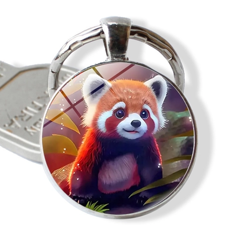 Portachiavi Cabochon in Vetro Tondo Panda Minore Cartone Animato Lega di Zinco Anello Metallico Ciondolo per Borsa Regalo