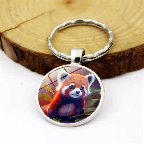 Portachiavi Cabochon in Vetro Tondo Panda Minore Cartone Animato Lega di Zinco Anello Metallico Ciondolo per Borsa Regalo