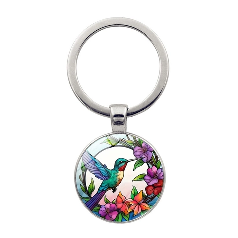 Portachiavi in Metallo con Design a Colibrì e Fiori in Stile Vetrata Vintage in Lega di Zinco con Cabochon in Vetro Regalo