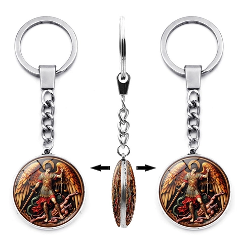Porte-clés Archange Saint Michel Rotatif Double Face Cabochon de Verre Alliage de Zinc Anneau de Clé Cadeau Religieux Chrétien