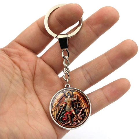 Porte-clés Archange Saint Michel Rotatif Double Face Cabochon de Verre Alliage de Zinc Anneau de Clé Cadeau Religieux Chrétien