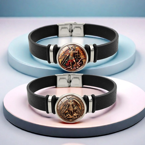 Archangel Michael Religious Saint Michael Leather Bracelet Alloy Glass Pendant Vintage Men Women Jewelry Gift