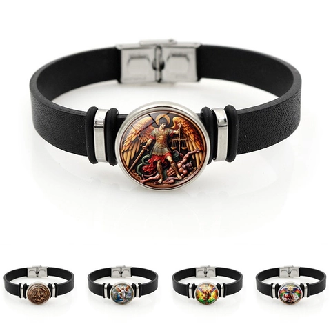 Archangel Michael Religious Saint Michael Leather Bracelet Alloy Glass Pendant Vintage Men Women Jewelry Gift