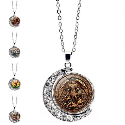Vintage St Michael Archangel Necklace Alloy Moon Crescent Rotating Glass Dome Religious Pendant Jewelry For Men Women