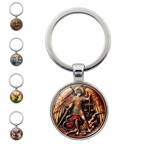 Archange Michel Style Vitrail Porte-clés Ange Religieux Saint Michel Pendentif en Verre Alliage Anneau de Clé pour Sac de Voiture