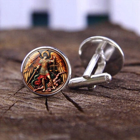 Michael The Archangel Time Gem Cufflinks Men Vintage Religious Style Glass Dome Alloy Shirt Accessory Jewelry Gift