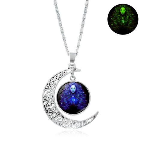 Luminous Twelve Constellations Hollow Moon Pendant Necklace Alloy Glass Glow In The Dark Zodiac Sign Jewelry Gift For Women