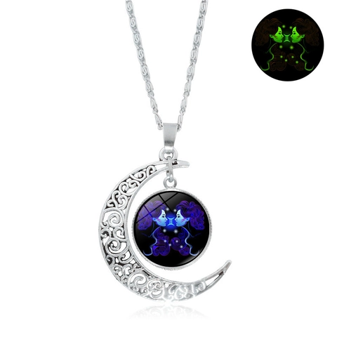 Luminous Twelve Constellations Hollow Moon Pendant Necklace Alloy Glass Glow In The Dark Zodiac Sign Jewelry Gift For Women