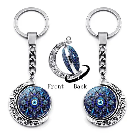 Rotierend Mond Böser Blick Schlüsselanhänger Zinklegierung Glas Mandala Anhänger Retro Ethno-Stil Geschenk Für Damen Herren