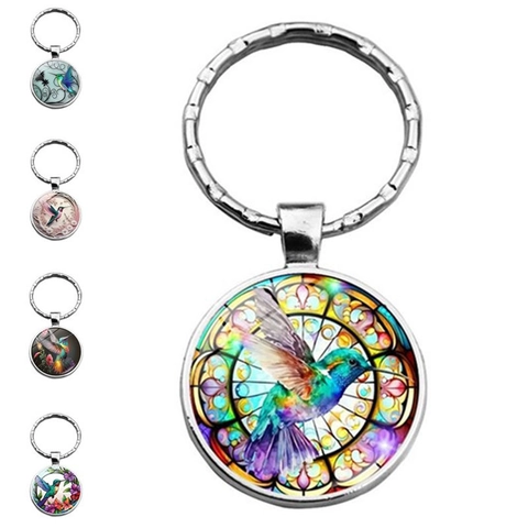 Llavero Artístico de Cabujón de Vidrio Colibrí Aleación de Zinc Plata Colgante Redondo Patrón Floral Pájaro Regalo Accesorio