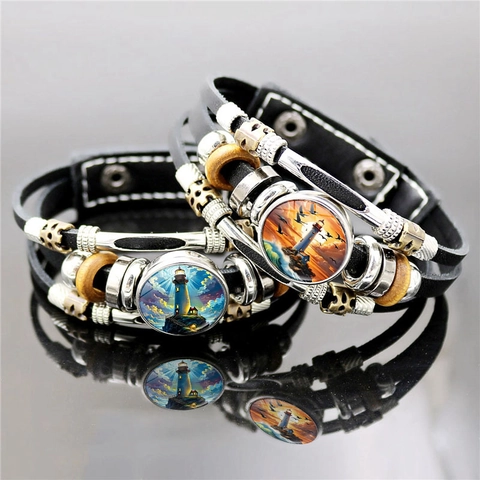Retro Multi-layer Synthetic Leather Bracelet For Men Women Lighthouse Coastal Scenery Glass Cabochon Braided Hand Jewelry Gift