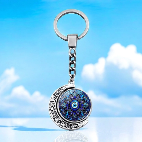 Rotierend Mond Böser Blick Schlüsselanhänger Zinklegierung Glas Mandala Anhänger Retro Ethno-Stil Geschenk Für Damen Herren