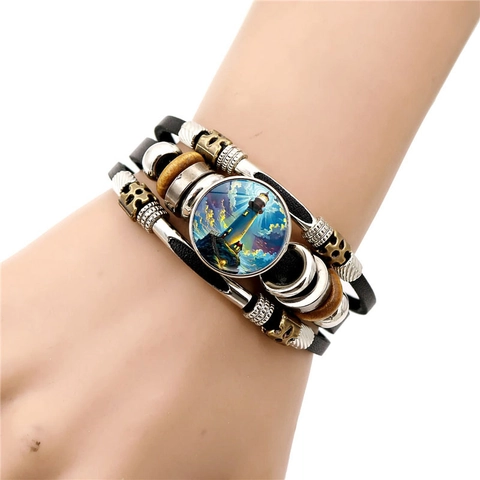Retro Multi-layer Synthetic Leather Bracelet For Men Women Lighthouse Coastal Scenery Glass Cabochon Braided Hand Jewelry Gift