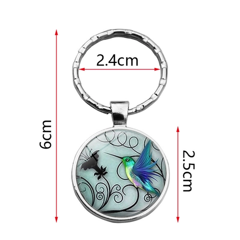 Llavero Artístico de Cabujón de Vidrio Colibrí Aleación de Zinc Plata Colgante Redondo Patrón Floral Pájaro Regalo Accesorio