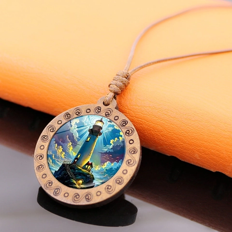 Vintage Nautical Lighthouse Wood Pendant Necklace Round Glass Dome Coastal Art Illustration Brown Woven Rope Jewelry For Women Men