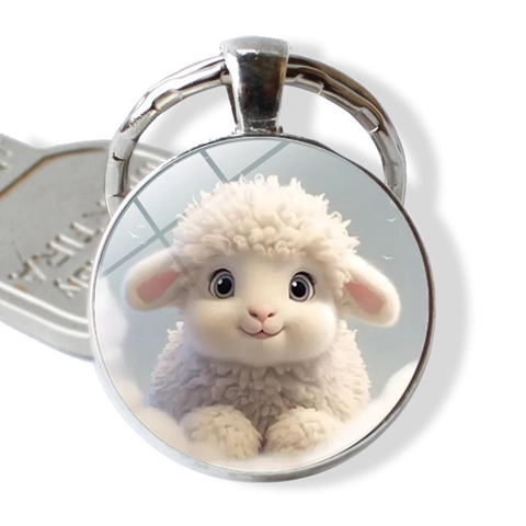 Creatieve Schattige Cartoon Schaap Metalen Sleutelhanger Ronde Zilveren Legering Hanger Voor Tas Vrouwen Mannen Cadeau