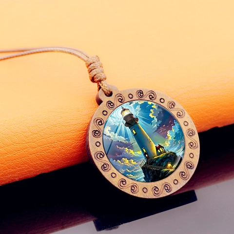 Vintage Nautical Lighthouse Wood Pendant Necklace Round Glass Dome Coastal Art Illustration Brown Woven Rope Jewelry For Women Men