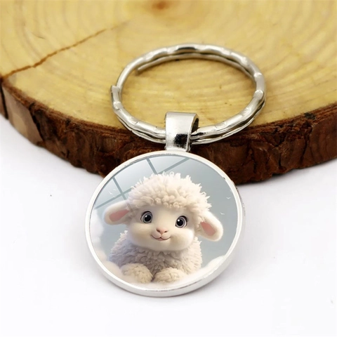 Creatieve Schattige Cartoon Schaap Metalen Sleutelhanger Ronde Zilveren Legering Hanger Voor Tas Vrouwen Mannen Cadeau