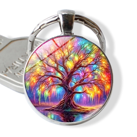 Portachiavi Cabochon in Vetro Albero della Vita Ciondolo Artistico Colorato in Lega di Zinco Anello Portachiavi in Metallo Regalo