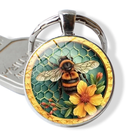 Runder Zinklegierung Biene Blume Schlüsselanhänger Mit Glas Cabochon Waben Hintergrund Kreativer Metall Schlüsselring Anhänger Geschenk