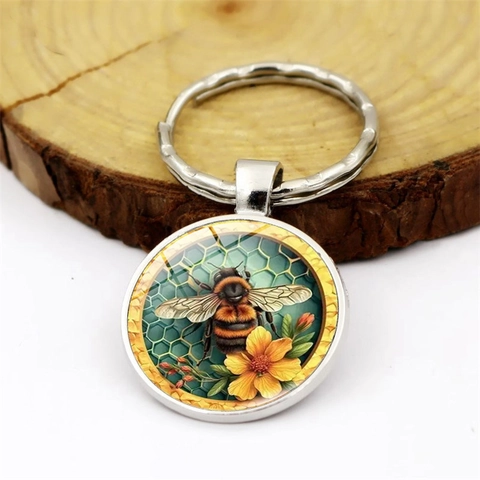 Runder Zinklegierung Biene Blume Schlüsselanhänger Mit Glas Cabochon Waben Hintergrund Kreativer Metall Schlüsselring Anhänger Geschenk