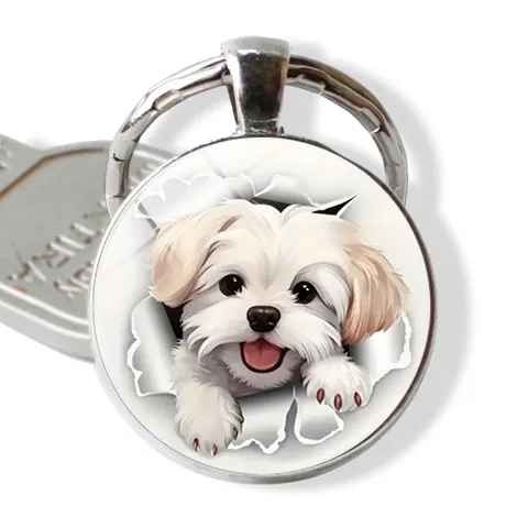 Portachiavi Rotondo con Motivo Cane Maltese 3D in Lega di Zinco Cabochon in Vetro Ciondolo Animale Creativo Regalo per Donna