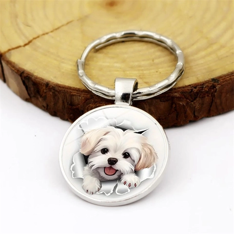 Portachiavi Rotondo con Motivo Cane Maltese 3D in Lega di Zinco Cabochon in Vetro Ciondolo Animale Creativo Regalo per Donna