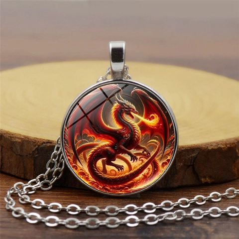 Collar de Colgante de Gema del Tiempo Dragón Escupefuego Vintage Fantasía Aleación Vidrio Cabujón Cadena de Suéter para Mujeres Hombres Joyería Retro