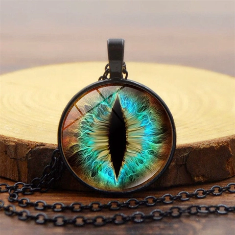 Dragon Eye Glass Cabochon Pendant Necklace Punk Gothic Black Alloy Chain Fantasy Jewelry For Women Men Cosplay Party