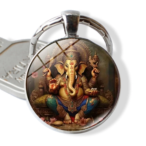 Portachiavi con Ciondolo a Cabochon in Vetro Tema Ganesha Arte Religiosa Anello in Lega di Zinco Argento per Regalo Decorativo