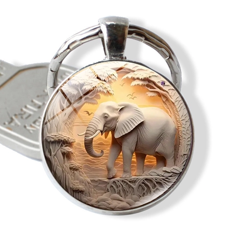 Elegante Olifant Glas Cabochon Sleutelhanger Zinklegering Metaal Dier Hanger Zonsondergang Savanne Sleutelhanger Voor Tas Auto Sleutel