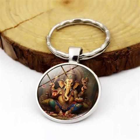 Portachiavi con Ciondolo a Cabochon in Vetro Tema Ganesha Arte Religiosa Anello in Lega di Zinco Argento per Regalo Decorativo