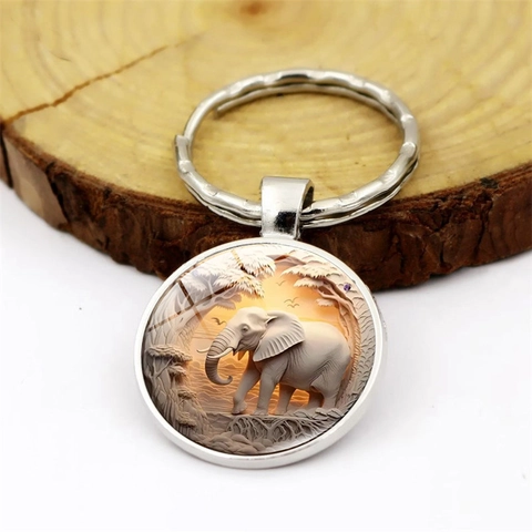 Elegante Olifant Glas Cabochon Sleutelhanger Zinklegering Metaal Dier Hanger Zonsondergang Savanne Sleutelhanger Voor Tas Auto Sleutel