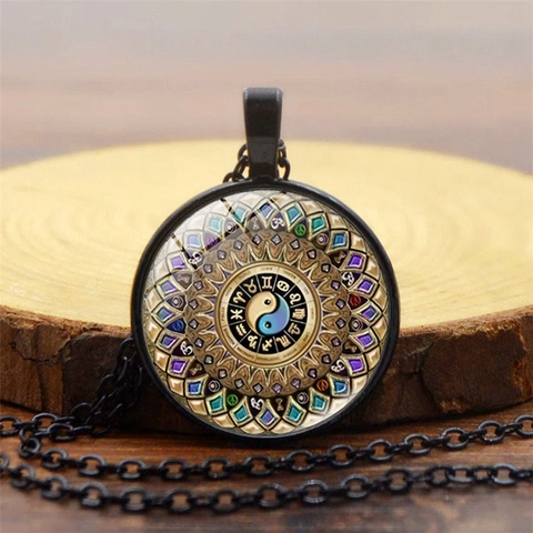 Vintage Mandala Sternzeichen Anhänger Halskette Yin Yang Zeit-Edelstein Glas Cabochon Retro Mystisch Legierung Schmuck