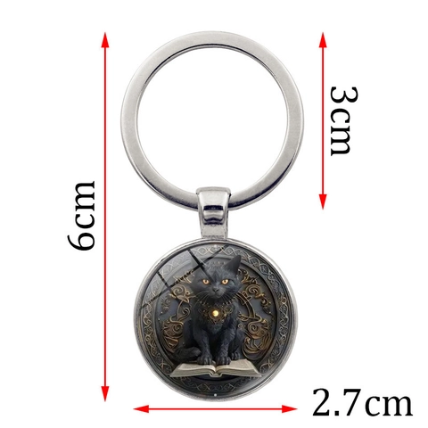 Fantasy Black Cat Magic Book Time Gem Keychain Metal Zinc Alloy Glass Cabochon Retro Pendant Key Ring For Backpack Decoration Gift