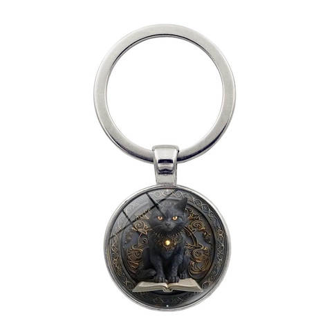 Fantasy Black Cat Magic Book Time Gem Keychain Metal Zinc Alloy Glass Cabochon Retro Pendant Key Ring For Backpack Decoration Gift